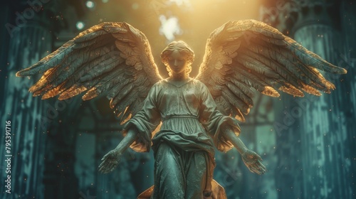 A dark angel with large outstretched golden wings stands in a ruined church. photo