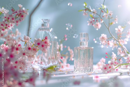 glass bottle for perfume Surrounded by beautiful Flowers generated AI