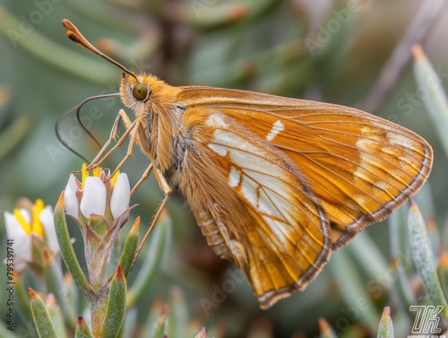 A butterfly is sitting on a flower. The butterfly is brown and white photo