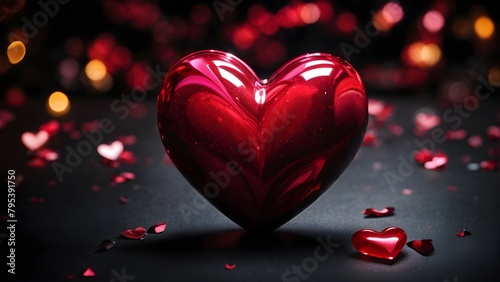 Valentines day background with red heart and bokeh lights
