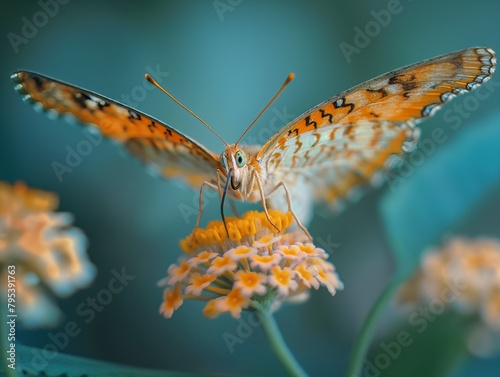 A butterfly is perched on a flower. The butterfly is orange and brown photo