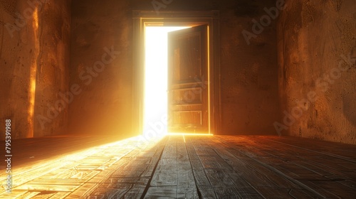A dark room with a bright light coming in through an open door. photo