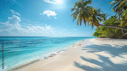 Luxurious tropical landscape. White sand with palm trees and azure sea. A heavenly place to relax. Beautiful exotic summer beach background for design.