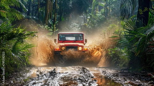 A bright red 4x4 truck splashes through a muddy trail in a lush green fores photo