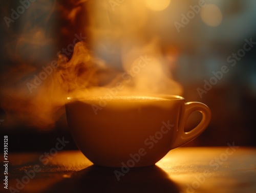 A white coffee cup with steam coming out of it. The steam is rising from the cup and filling the air. Concept of warmth and comfort