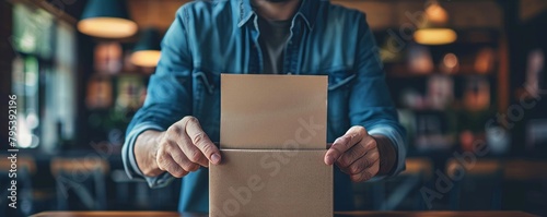 Voting candidate campaign with a democracy ballot box. Unrecognizable Latin man's hand.