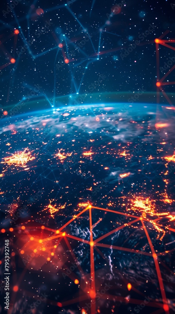 A digital composite of Earth at night showing city lights and a glowing network of connections. A digital composite of Earth at night showing city lights and a glowing network of connections.