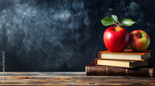 Classroom desk with apple, book and pencil box on it, blackboard background, space for text. Teachers day. Back to school. Student day