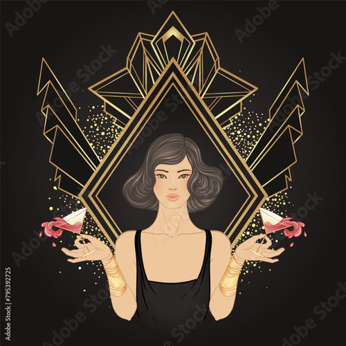 Retro fashion, glamour girl of twenties. Asian pretty woman. Vector illustration. Flapper 20s style. Vintage party invitation design template. Fancy asian lady.