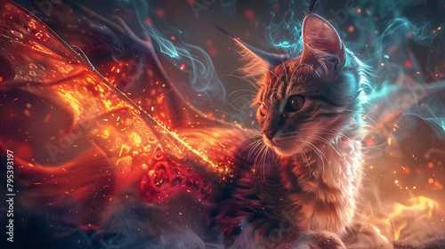 A digital painting of a cat with fire and ice powers. photo