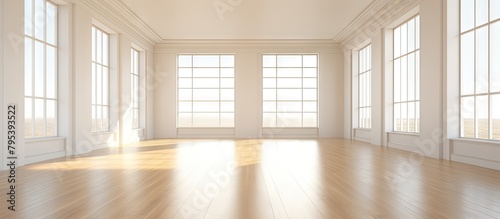 Room with wooden floor and large windows photo