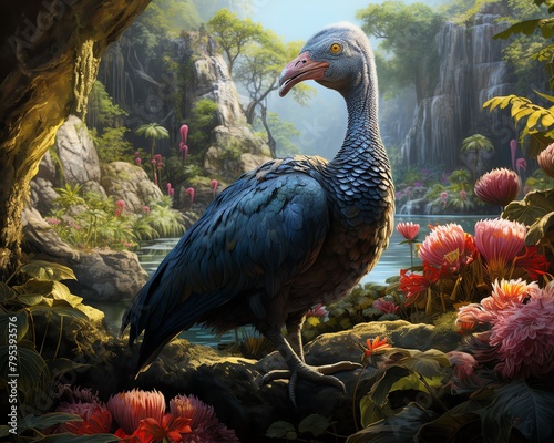 A detailed illustration of a dodo bird, set against the lush backdrop of its native Mauritius, highlighting the unique features that once graced our planet