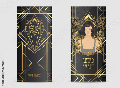 Retro fashion, glamour girl of twenties. Asian pretty woman. Vector illustration. Flapper 20s style. Vintage party invitation design template. Fancy asian lady.