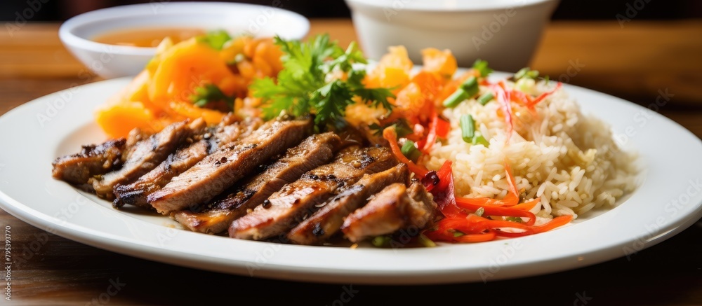 Plate of meat, rice, and veggies Plate of meat, rice, and veggies