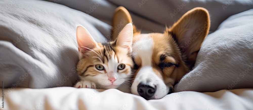 Dog and cat comfortable on bed