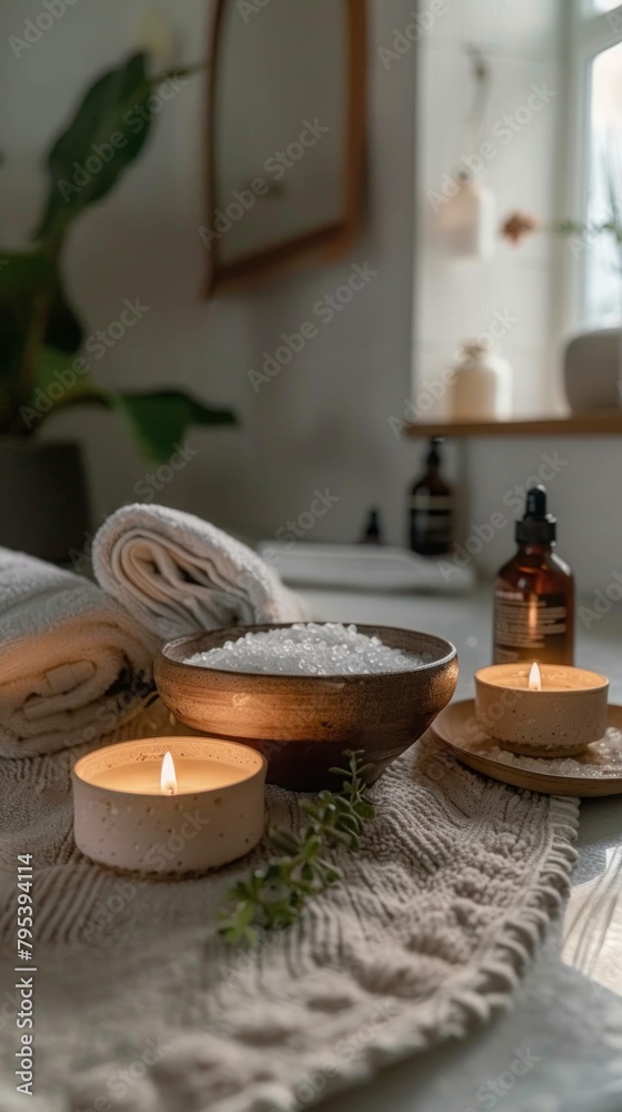 Serene spa ambiance: candles, essential oils, fluffy towels, promoting relaxation and self-care. Serene spa ambiance: candles, essential oils, fluffy towels, promoting relaxation and self-care.