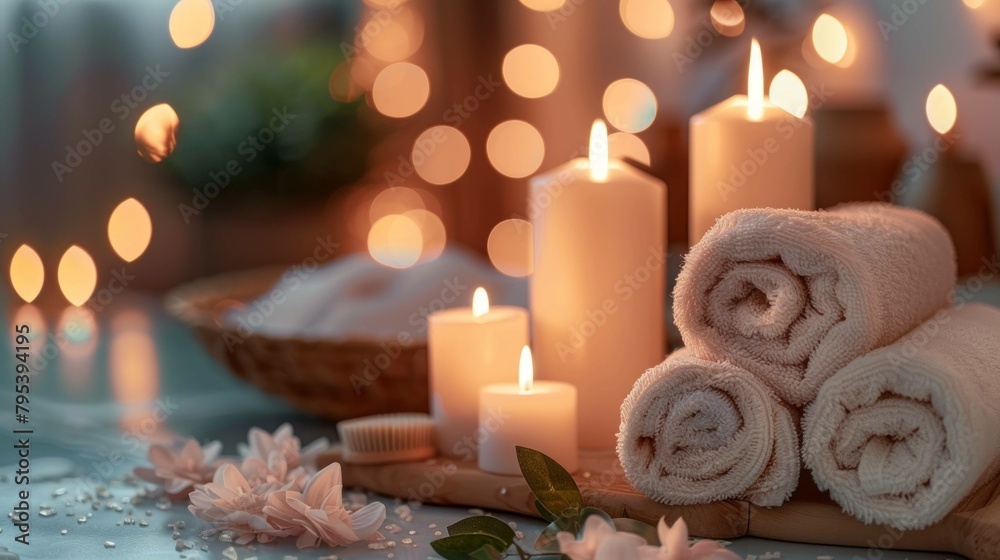 Serene spa ambiance: candles, essential oils, fluffy towels, promoting relaxation and self-care. Serene spa ambiance: candles, essential oils, fluffy towels, promoting relaxation and self-care.