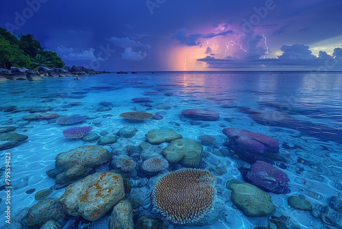 Ocean Scene With Rocks and Corals Under a Cloudy Sky