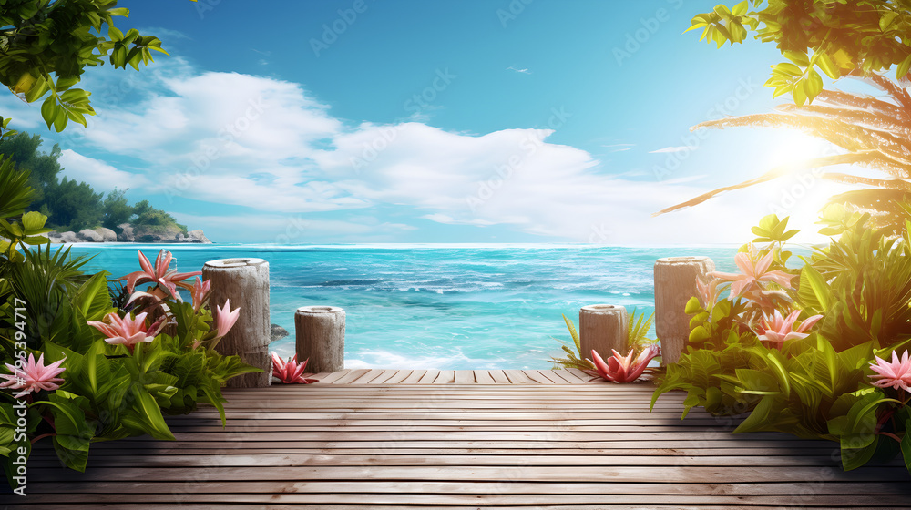  A wooden walkway leads to a beach with palm trees and a house on the right.A tropical beach scene with a pier and palm trees