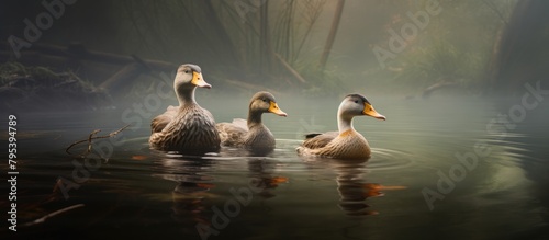 Three ducks swim in misty pond among trees