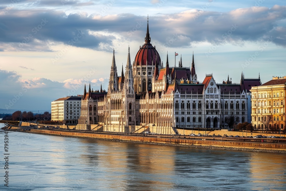 Budapest skyline with the strikingly beautiful Parliament building at Hungalian Parliament and Danube River, Budapest,,  Ai generated