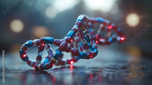 A double helix made of red and blue pills on a reflective surface photo
