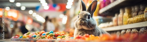 A rabbit in a pet store sniffing around a display of various chew toys and rabbitsafe treats, adding a cute and curious element to the shopping scenario photo