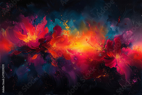 Vibrant bursts of color exploding against a darkened sky, illuminating the night with a dazzling display of abstract expression.