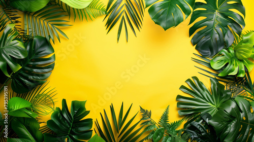 Frame of tropical plants on a bright yellow background