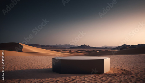 Podium tone with stones and sand for product promotion and cosmetic display, sunshade in desert scene, natural beauty pedestal and minimal copy space banner. realistic rendering. 3d