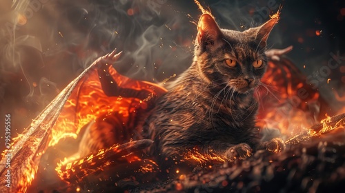 A fire breathing cat with black and brown fur and yellow eyes
