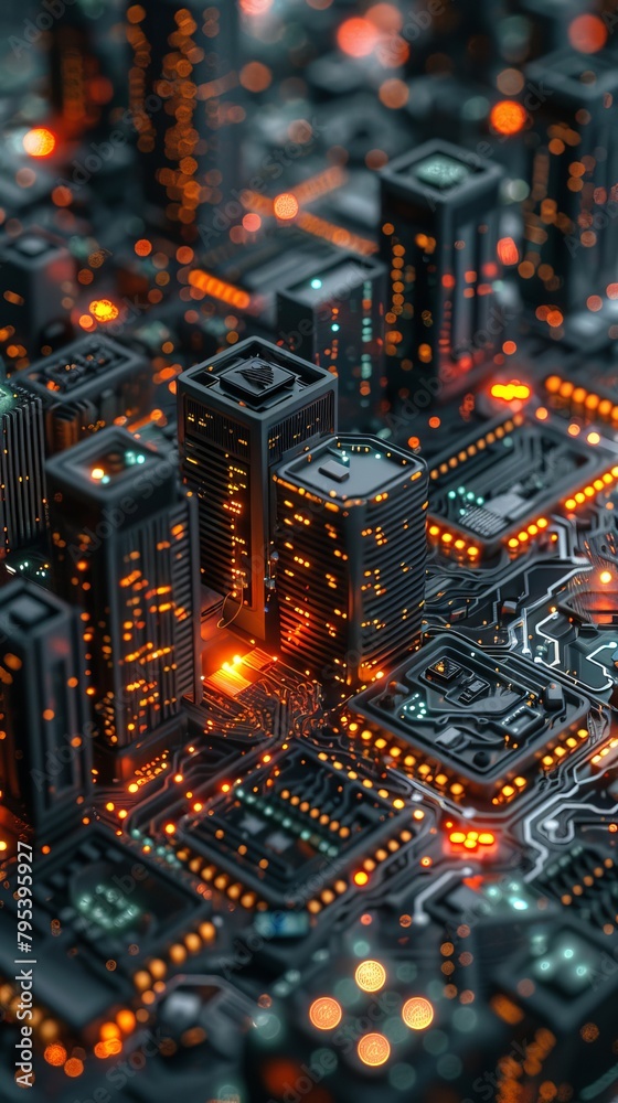 A cityscape with many buildings lit up in orange