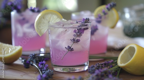 Table With Glasses of Purple Liquid and Lemon Slices