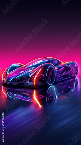 A futuristic sports car with a sleek design and glowing neon lights.