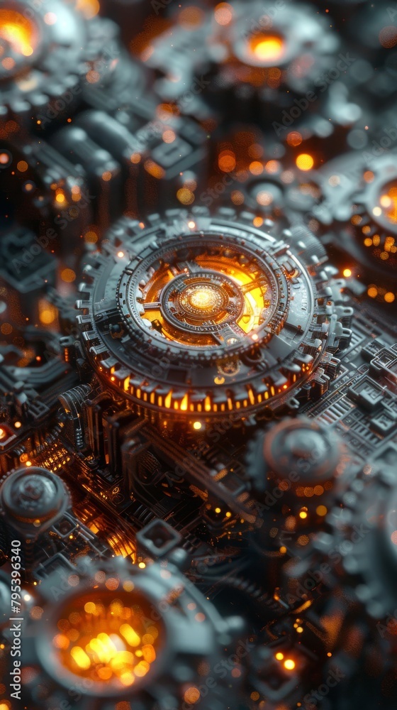 A gear train with orange lights. A gear train with orange lights.