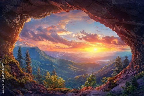 majestic cave entrance in mountain with stunning view of rolling hills at sunset digital painting