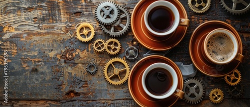A wooden table with two cups of coffee and a bunch of gears