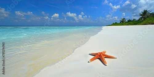 Fototapeta Naklejka Na Ścianę i Meble -  Luxurious tropical landscape. White sand with palm trees and azure sea. A heavenly place to relax. Beautiful exotic summer beach background for design.