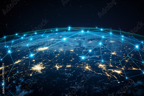 Global connection internet satellite web data network 5G telecommunications world space low orbit regional geopolitics technology infrastructure, illustration #795396974