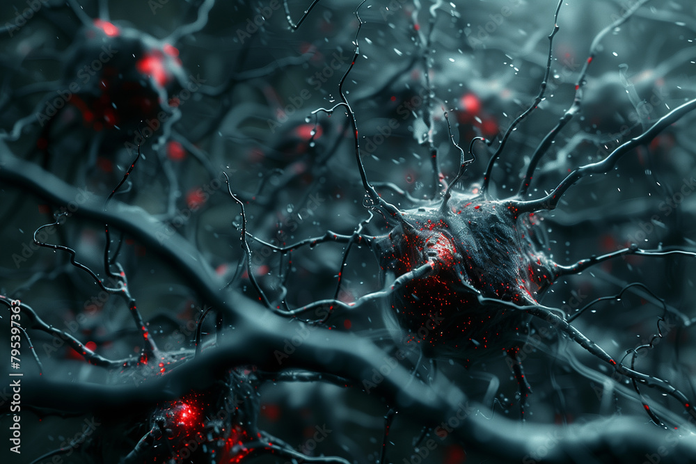 Neuronal links, cinematic brain activity network, 3d illustration