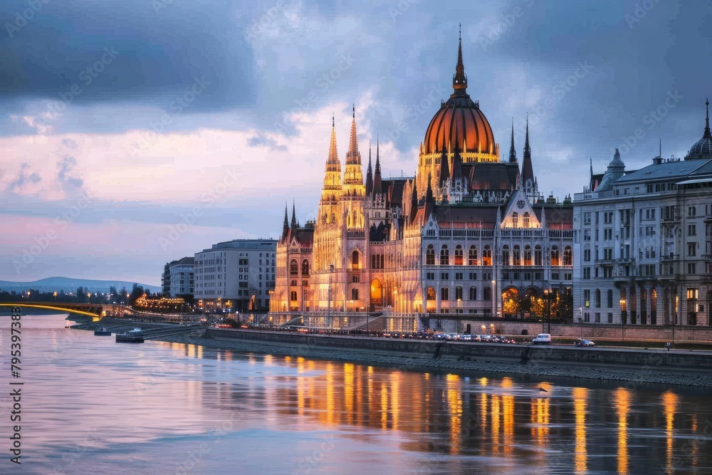 Obraz premium Budapest skyline with the strikingly beautiful Parliament building at Hungalian Parliament and Danube River, Budapest,, Ai generated