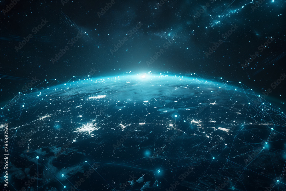 Obraz premium Global connection internet satellite web data network 5G telecommunications world space low orbit regional geopolitics technology infrastructure, illustration