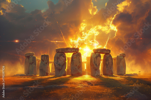 Sunrise illuminates Stonehenge during the Summer Solstice celebration casting long shadows and highlighting the ancient monolithic structures