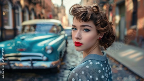 Beautiful young woman dressed in retro style of the 50s with stylish hair stands on the street of old New York with a car. Vintage fashion. Retro.