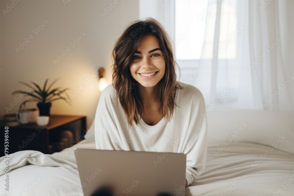 Beautiful young woman smiling sitting on bed in front of her laptop In the bright morning Beautiful young woman smiling sitting on bed in front of her laptop In the bright morning
