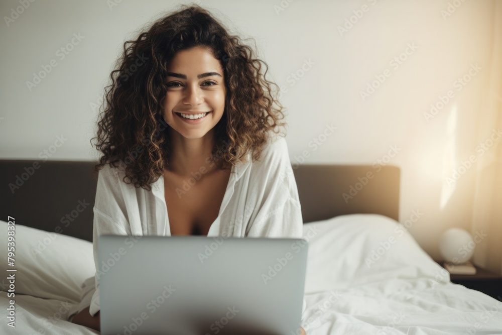 Beautiful young woman smiling sitting on bed in front of her laptop In the bright morning Beautiful young woman smiling sitting on bed in front of her laptop In the bright morning