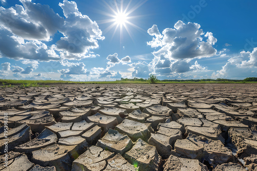 Cracked land under hot sunny weather with the effects of El Nino, depicting arid and drought conditions caused by climate change.