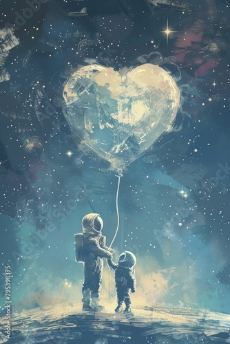 A celestial duo drifts in zero gravity, embracing a heart-shaped balloon - a cosmic tribute on Mother's Day. © Manyapha