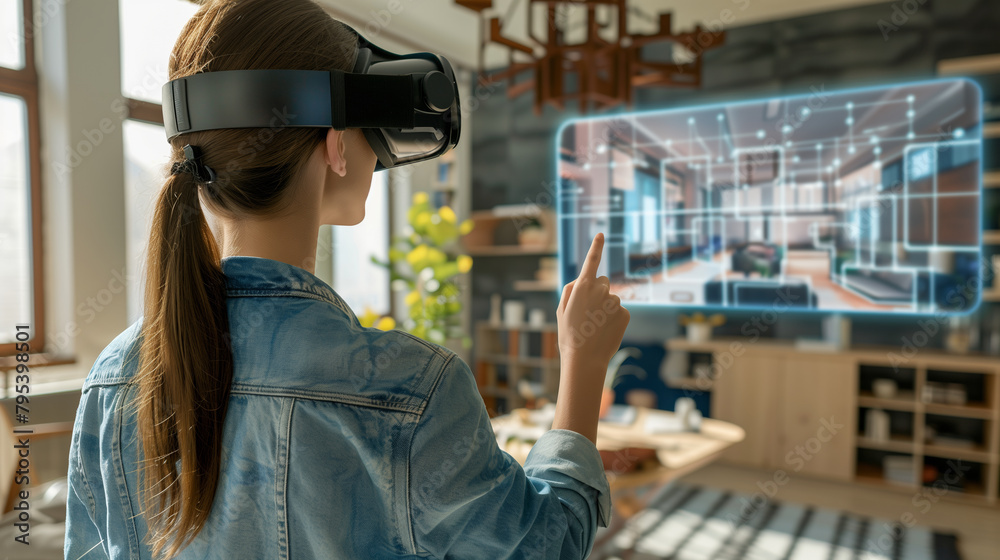 Woman interacts with a virtual interface via VR headset Woman interacts with a virtual interface via VR headset