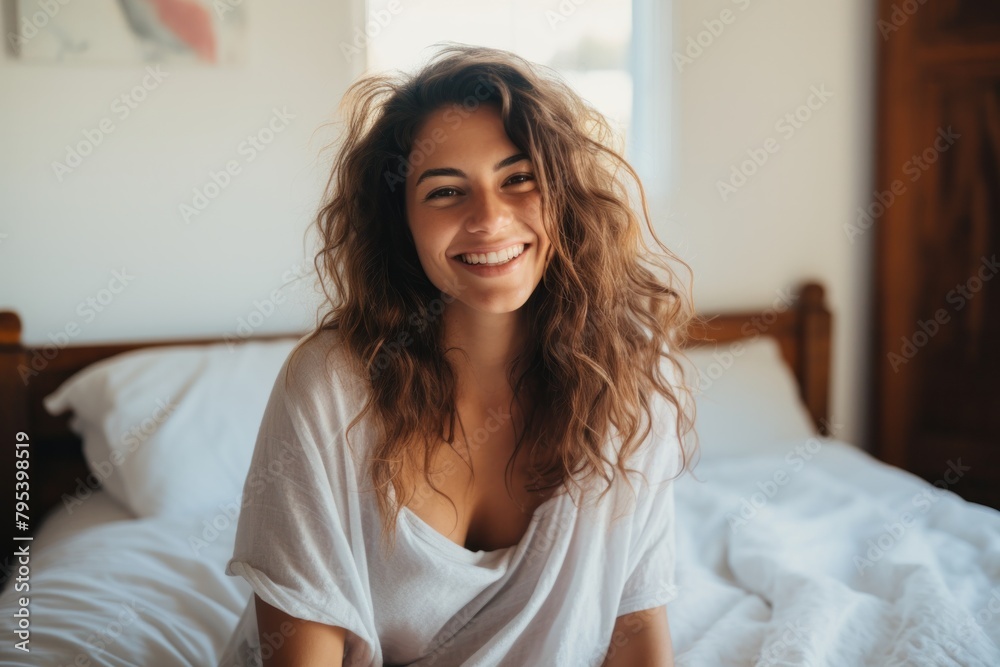 Beautiful young woman smiling sitting on bed in front of her laptop In the bright morning Beautiful young woman smiling sitting on bed in front of her laptop In the bright morning